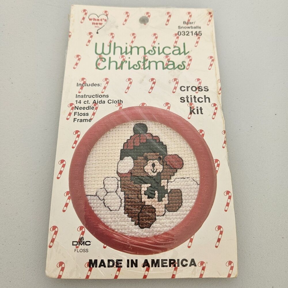 Vintage Whimsical Christmas Cross Stitch Kit Teddy Bear Winter Snow Holiday
